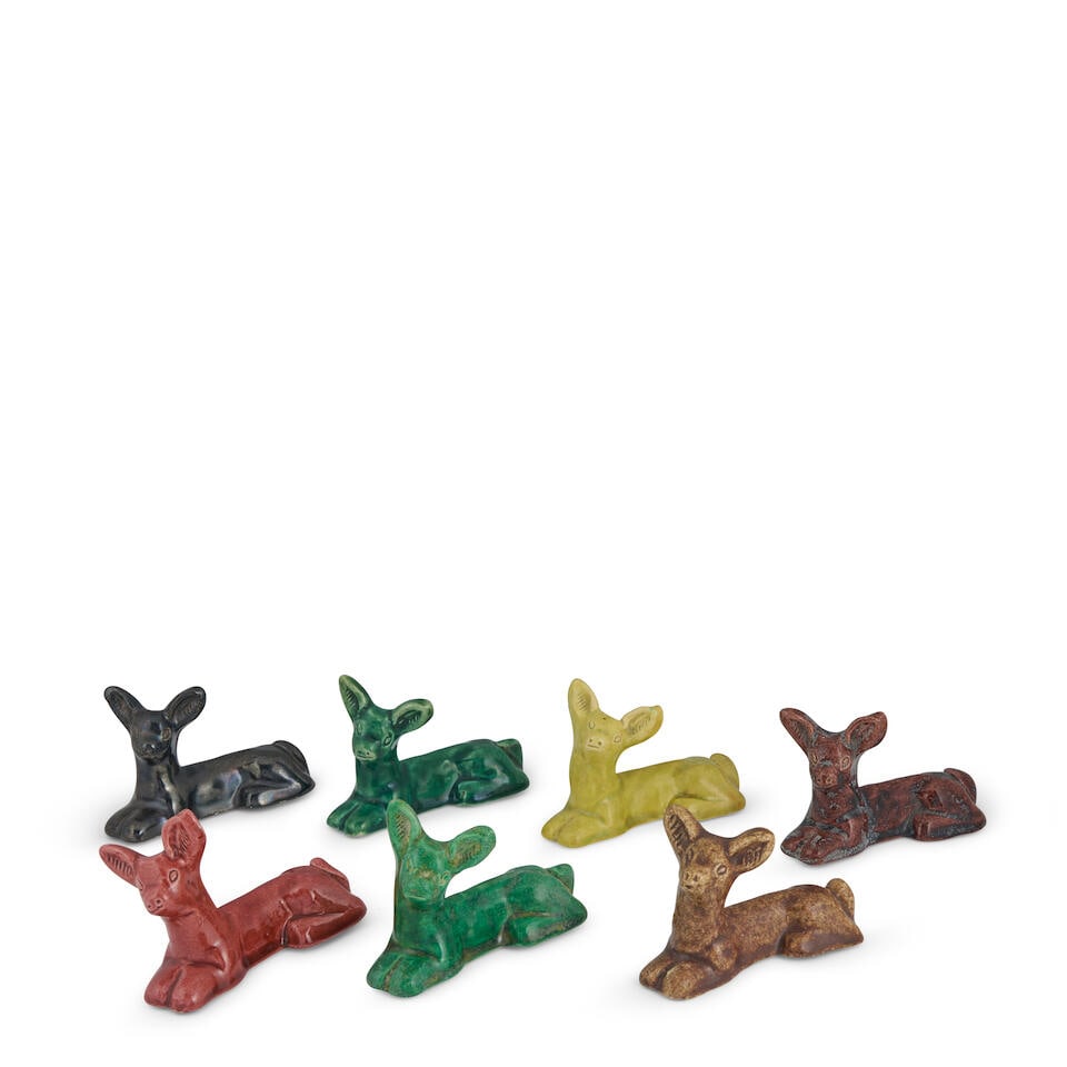 SEVEN ACCOLAY DEER-FORM KNIFE RESTS Accolay, France, c. 1960, glazed ceramic, all with incised m...: SEVEN ACCOLAY DEER-FORM KNIFE RESTS Accolay, France, c. 1960, glazed ceramic, all with incised mark 'Accolay,' ht. 2 1/2, lg. 3 1/2 in. Footnotes: Private Collection, St. Louis, Missouri. For further