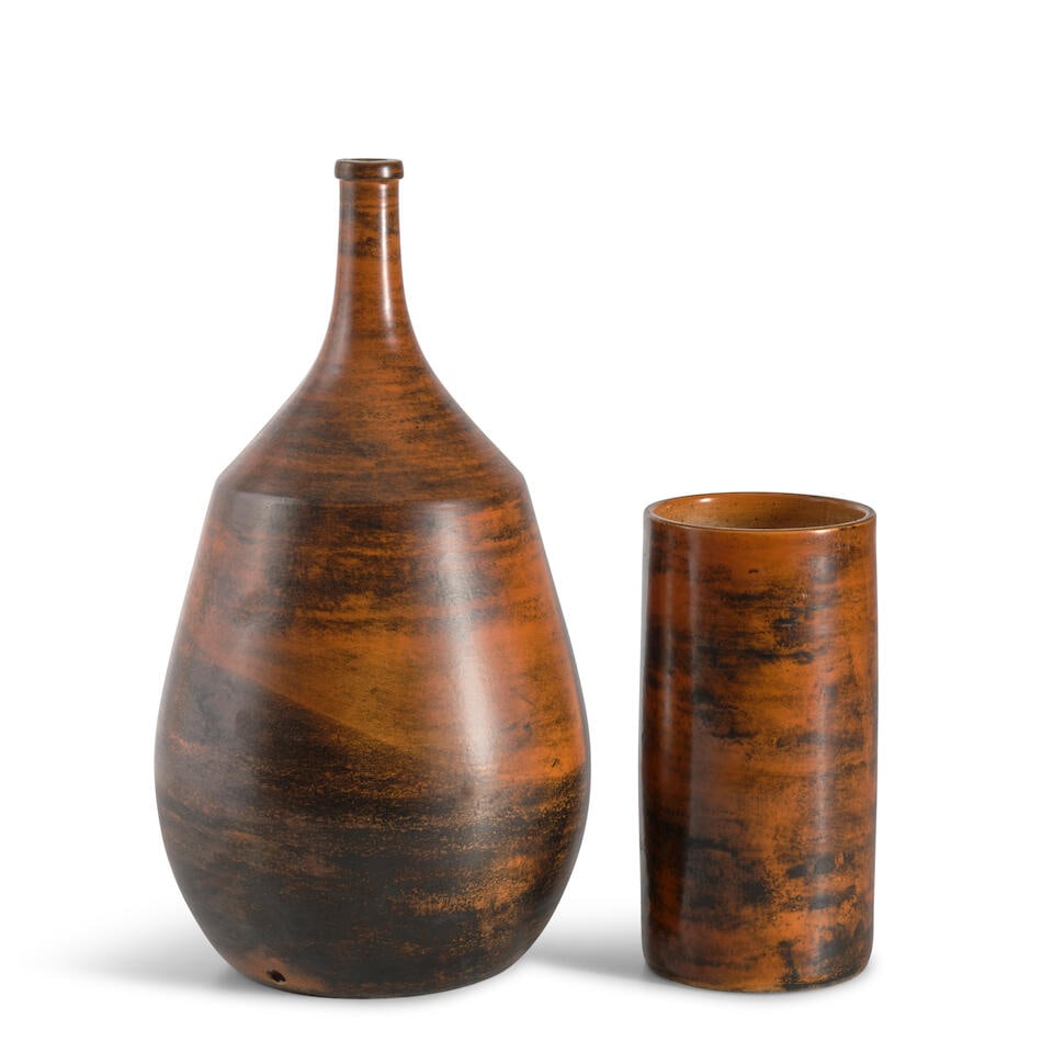 TWO JACQUES BLIN (1920-1995) VESSELS France, c. 1950, glazed ceramic, table lamp base, pre-firin...: TWO JACQUES BLIN (1920-1995) VESSELS France, c. 1950, glazed ceramic, table lamp base, pre-firing hole for electric cord, incised mark 'J Blin,' ht. 19 1/4, cylindrical vase, incised mark 'J Blin,' ht