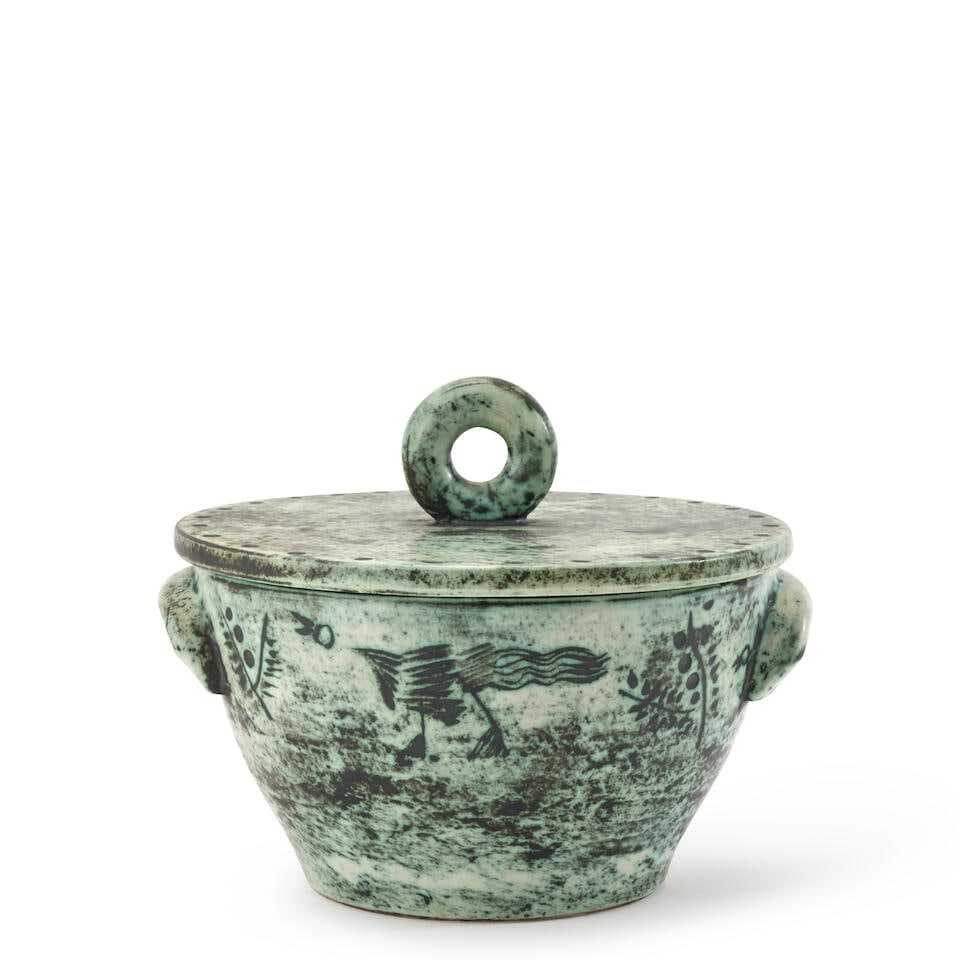JACQUES BLIN (1920-1995) COVERED BOWL France, c. 1960, glazed ceramic, incised mark 'J Blin,' ht...: JACQUES BLIN (1920-1995) COVERED BOWL France, c. 1960, glazed ceramic, incised mark 'J Blin,' ht. 6 3/4, lg. handle to handle 8 1/2 in. Footnotes: Note In his early 30's, Blin gave up his career as an