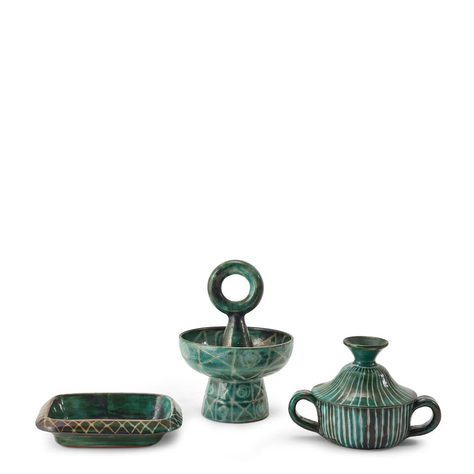 THREE PIECES OF ROBERT PICAULT (1919-2000) TABLEWARE Vallauris, France, c.  1950, glazed earthen... (1 of 2)
