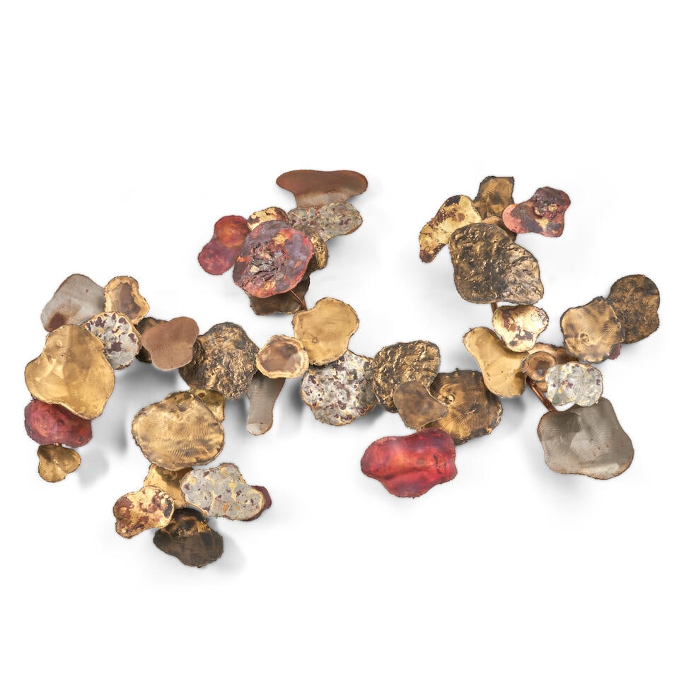 SILAS SEANDEL (B. 1937) 'SUNSPOT' BRUTALIST WALL SCULPTURE New York, New York, c. 1979, torch-cu...: SILAS SEANDEL (B. 1937) 'SUNSPOT' BRUTALIST WALL SCULPTURE New York, New York, c. 1979, torch-cut, welded, patinated copper, bronze, and steel, approx. lg. 82, wd. 52, dp. 9 1/2 in. For further inform