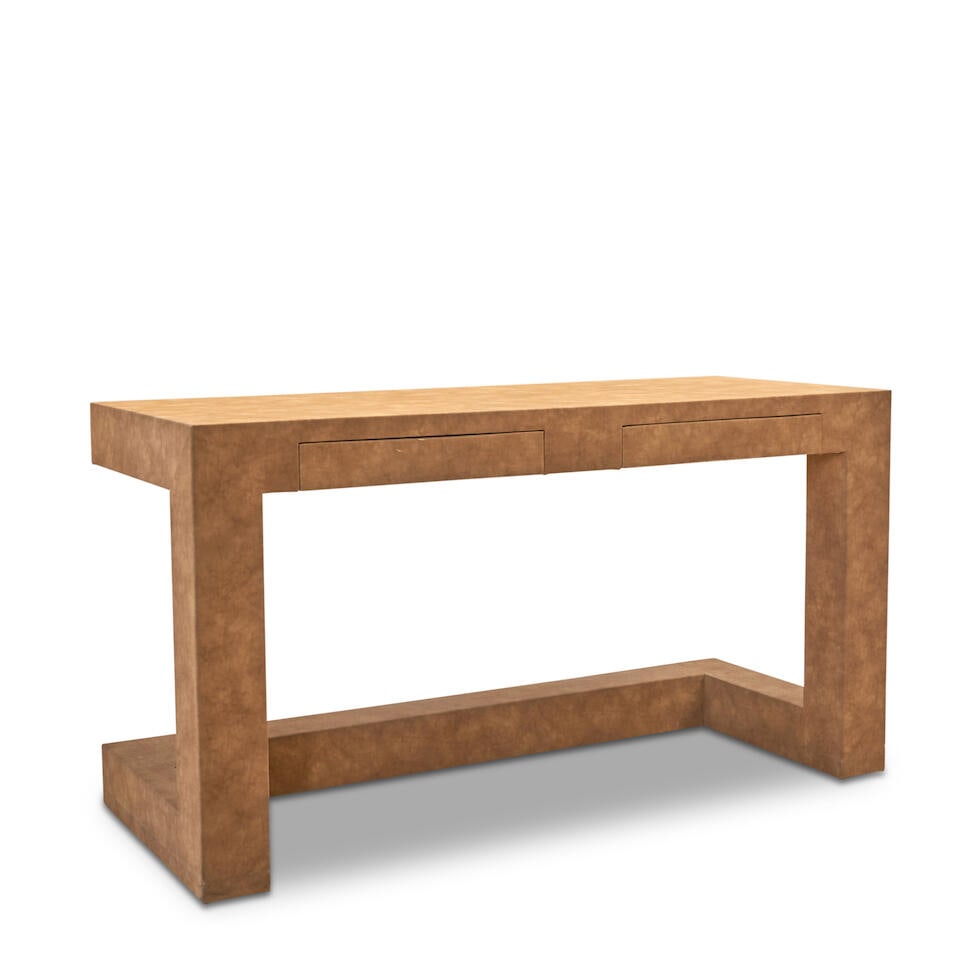 MID-CENTURY MODERN DESK United States, c. 1965, faux suede covering, oak and plywood secondary w...: MID-CENTURY MODERN DESK United States, c. 1965, faux suede covering, oak and plywood secondary woods, Grant Sliderite hardware, two drawers, ht. 30 1/4, wd. 56 1/4, dp. 22 1/4 in. Footnotes: Provenanc