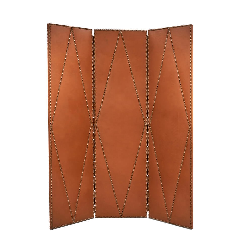 THREE-PANEL FLOOR SCREEN 20th century, leather, decorative brass nails, each panel, ht. 64 1/4, ... (1 of 2)