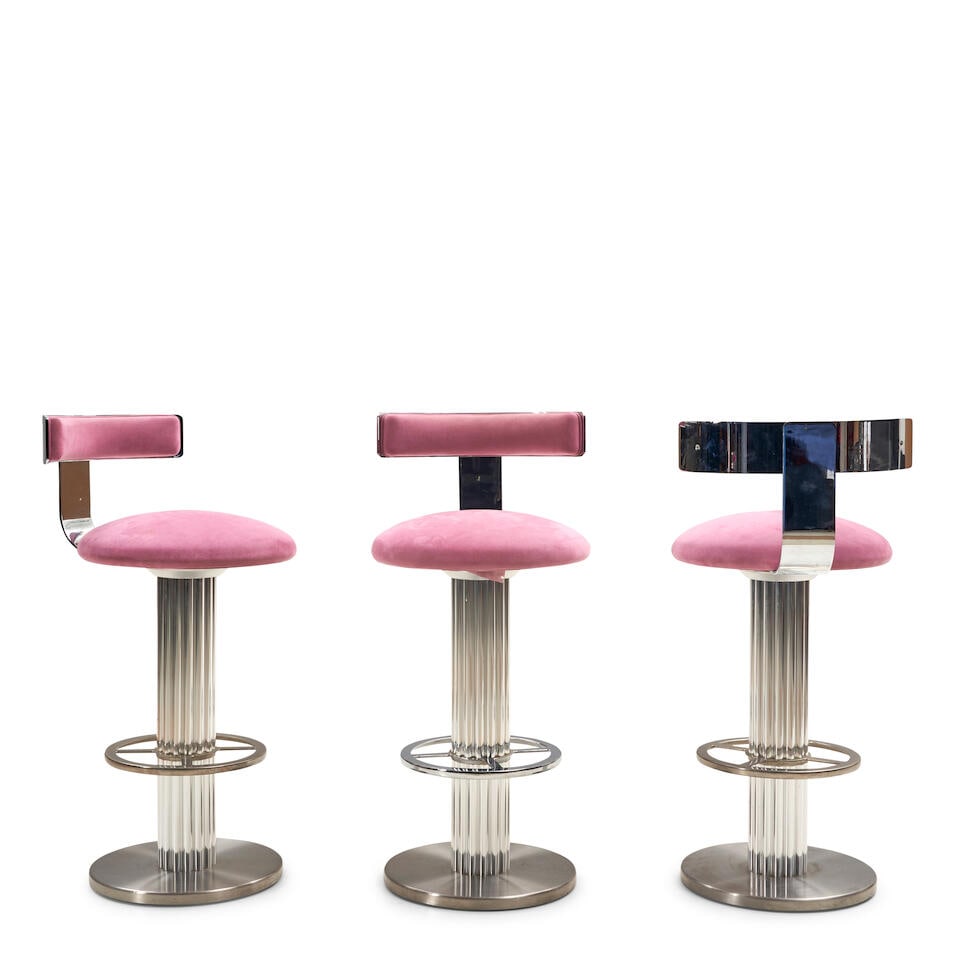 THREE DESIGN FOR LEISURE BAR STOOLS Mt. Kisco, New York, c. 1985, chromed steel, aluminum, faux ... (1 of 1)