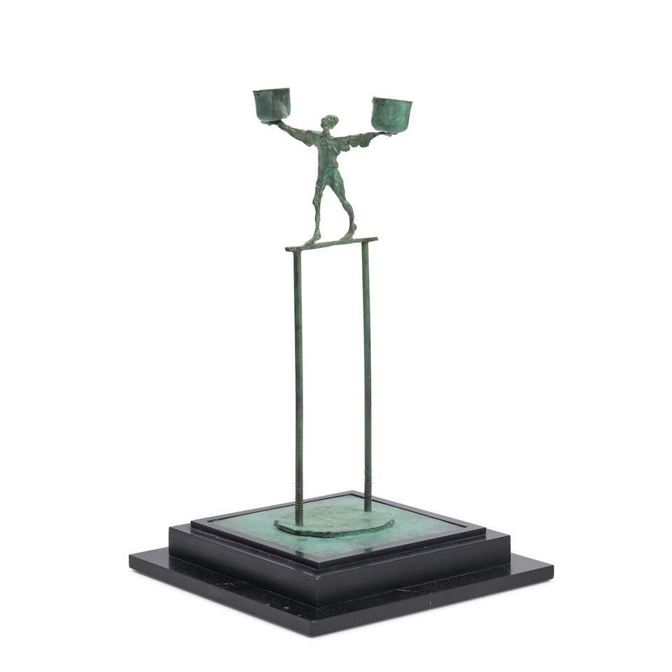 ROSELINE GRANET (B. 1936) 'ACROBAT' CANDLEHOLDER France, late 20th/early 21st century, patinated...: ROSELINE GRANET (B. 1936) 'ACROBAT' CANDLEHOLDER France, late 20th/early 21st century, patinated bronze, plastic base, two pricket sconces, numbered 4 of 8, incised mark 'R.G. 4/8,' total ht. 12 1/2,