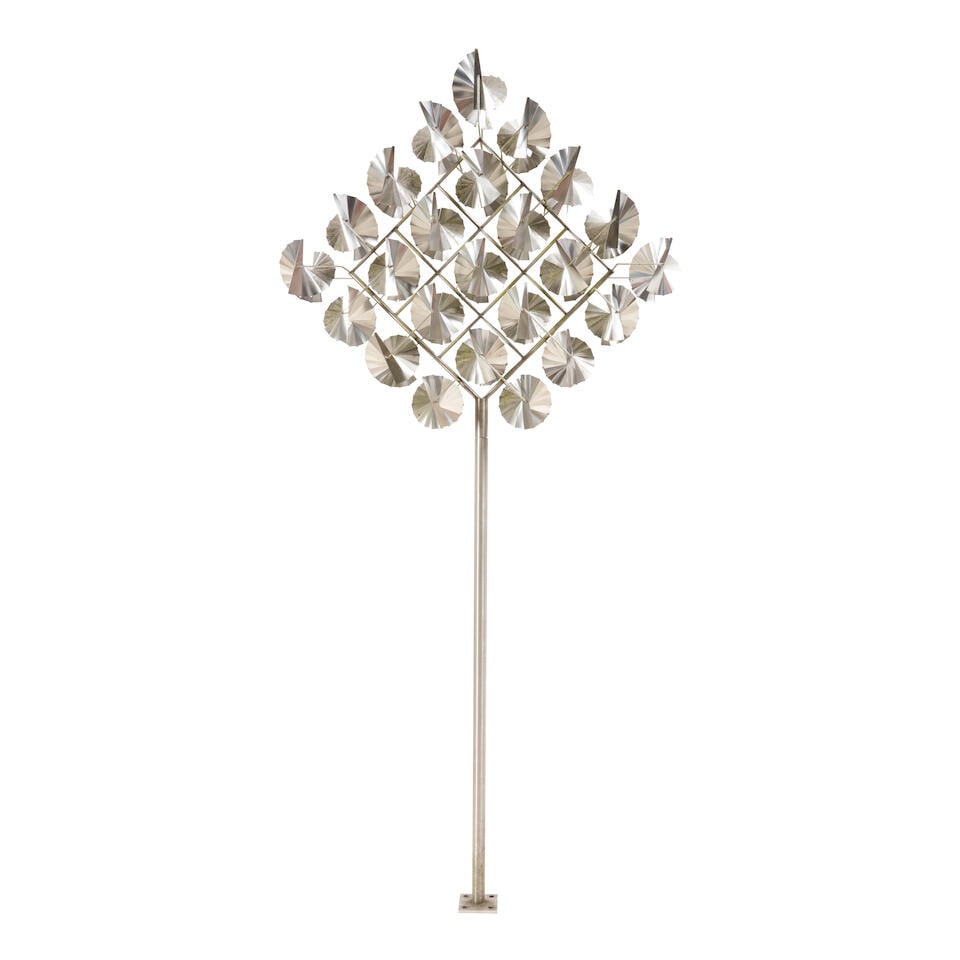 GEORGE SHERWOOD (B. 1954) 'FLOCK OF BIRDS' KINETIC SCULPTURE Ipswich, Massachusetts, c. 2000, st...: GEORGE SHERWOOD (B. 1954) 'FLOCK OF BIRDS' KINETIC SCULPTURE Ipswich, Massachusetts, c. 2000, stainless steel, sculpture, ht. 50, wd. 60, dp. 16, with support pole total ht. 120 in. For further inform