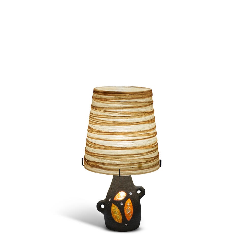 ACCOLAY TABLE LAMP Accolay, France, c. 1960, ceramic, glass, steel, spun resin shade, two socket... (1 of 2)