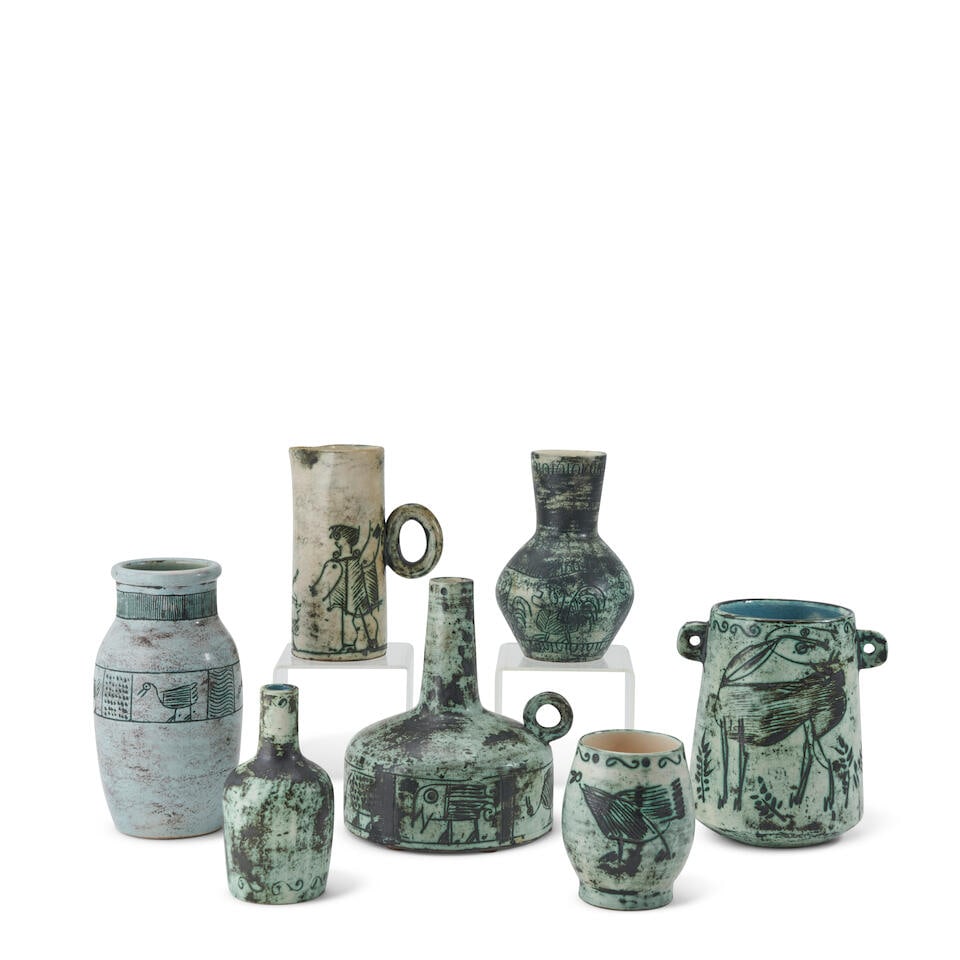 SEVEN JACQUES BLIN (1920-1995) VESSELS France, c. 1980, glazed earthenware, all with incised mar...: SEVEN JACQUES BLIN (1920-1995) VESSELS France, c. 1980, glazed earthenware, all with incised marks 'J. Blin,' lamp base, pre-firing hole for electric cord, ht. 7, base dia. 5 3/4, barrel-form vase, ht