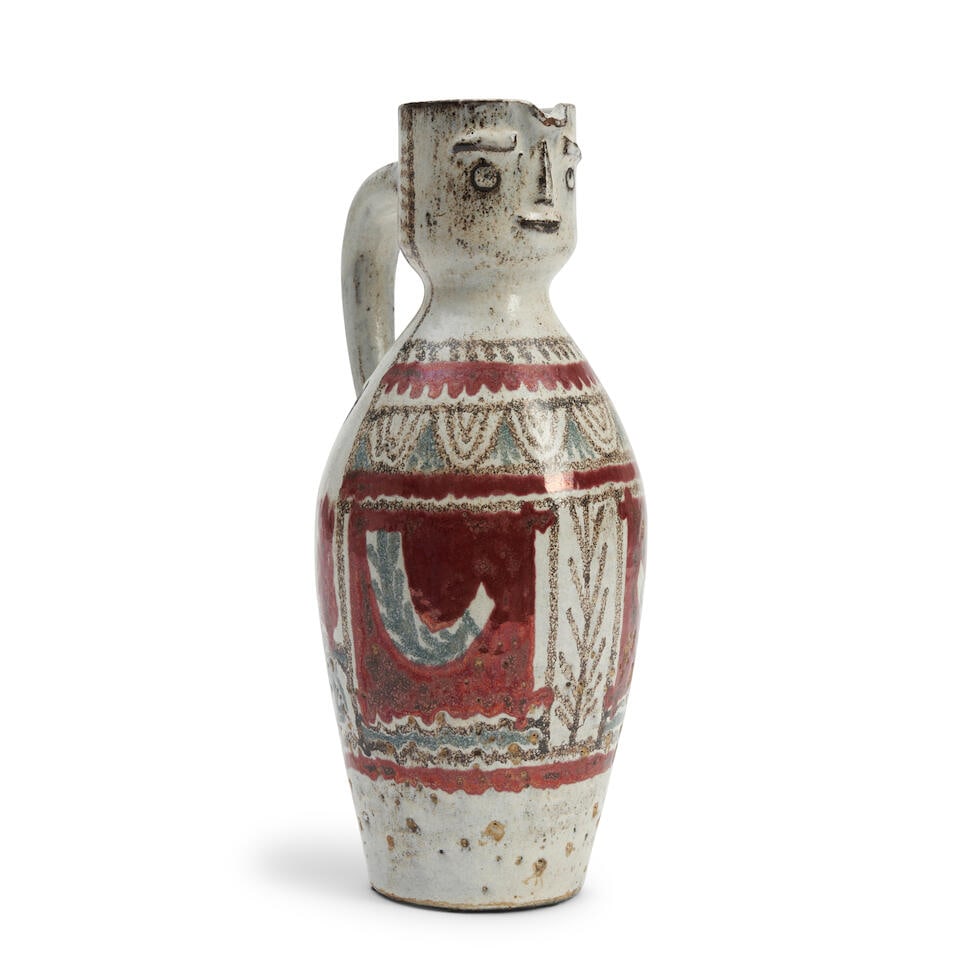 JEAN DERVAL (1925-2010) FIGURAL PITCHER France, c. 1955, glazed stoneware, painted leaf mark, ht...: JEAN DERVAL (1925-2010) FIGURAL PITCHER France, c. 1955, glazed stoneware, painted leaf mark, ht. 12 in. Footnotes: Note Derval was one of the most prolific and best-known French ceramicists of the mi