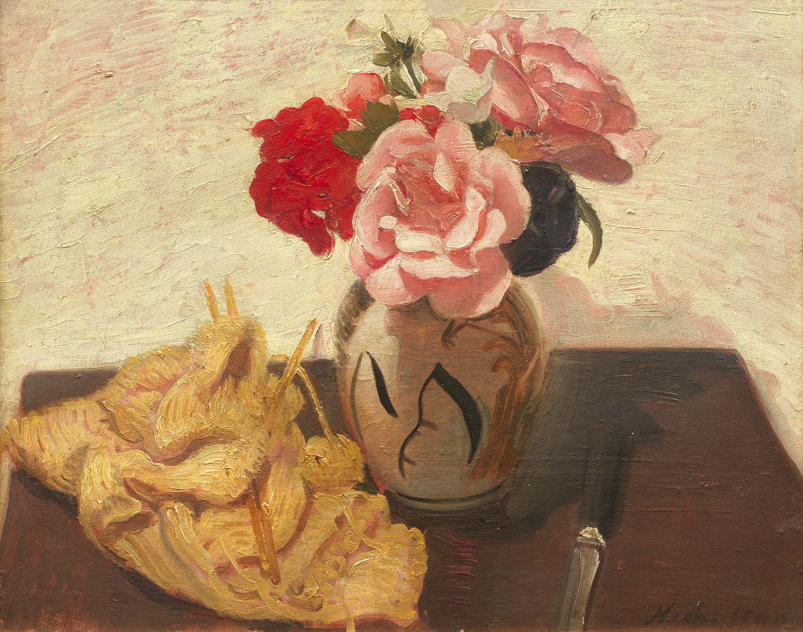 Sir William Nicholson (British, 1872-1949) Roses and Knitting 33 x 40.6 cm. (13 x 16 in.) (Paint...: Sir William Nicholson (British, 1872-1949) Roses and Knitting signed 'Nicholson' (lower right) oil on panel 33 x 40.6 cm. (13 x 16 in.) Painted circa 1928 Footnotes: Provenance With Beaux A