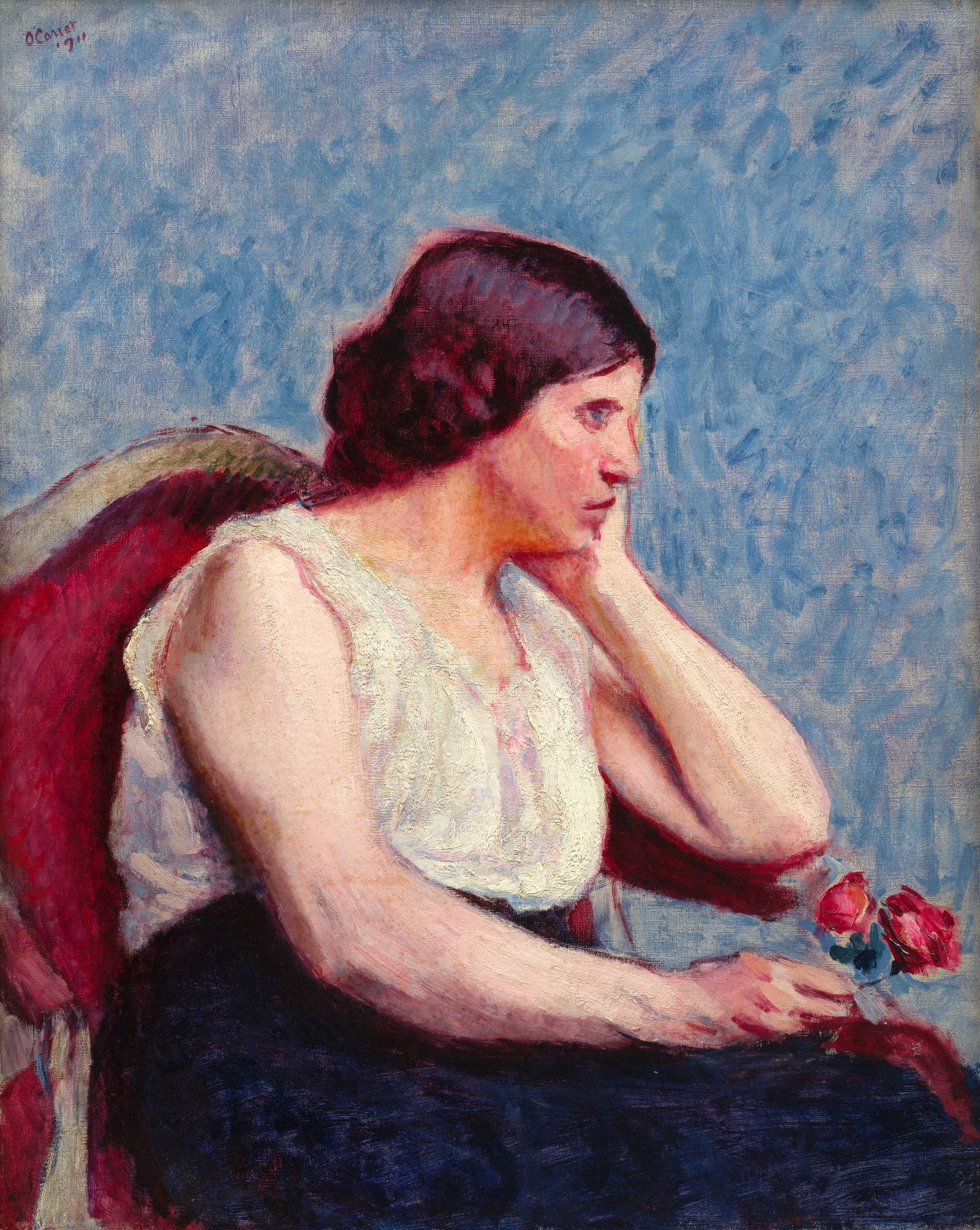 Roderic O'Conor (Irish, 1860-1940) A Woman Seated, Holding Two Roses 81.5 x 65.6 cm. (32 x 25 3/...: Roderic O'Conor (Irish, 1860-1940) A Woman Seated, Holding Two Roses signed and dated 'O'Conor/1911' (upper left) oil on canvas 81.5 x 65.6 cm. (32 x 25 3/4 in.) Footnotes: Provenance Sale; Hôtel