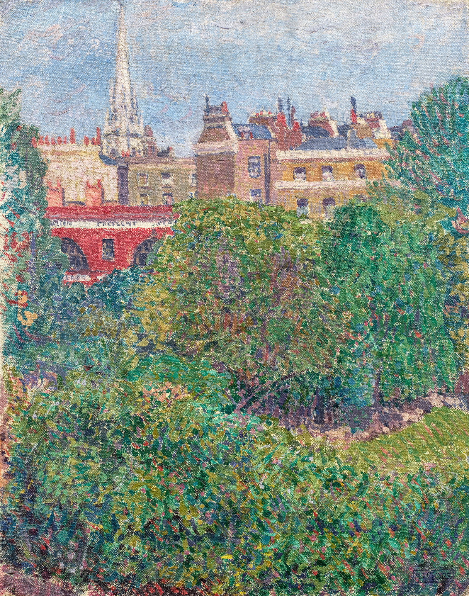 Spencer Frederick Gore (British, 1878-1914) Mornington Crescent 50.7 x 40.8 cm. (20 x 16 1/8 in....: Spencer Frederick Gore (British, 1878-1914) Mornington Crescent signed with artist's stamp (lower right); inscribed 'Painted by S.F. Gore in 1910. From/window at 31 Mornington Crescent' (in Harold Gil