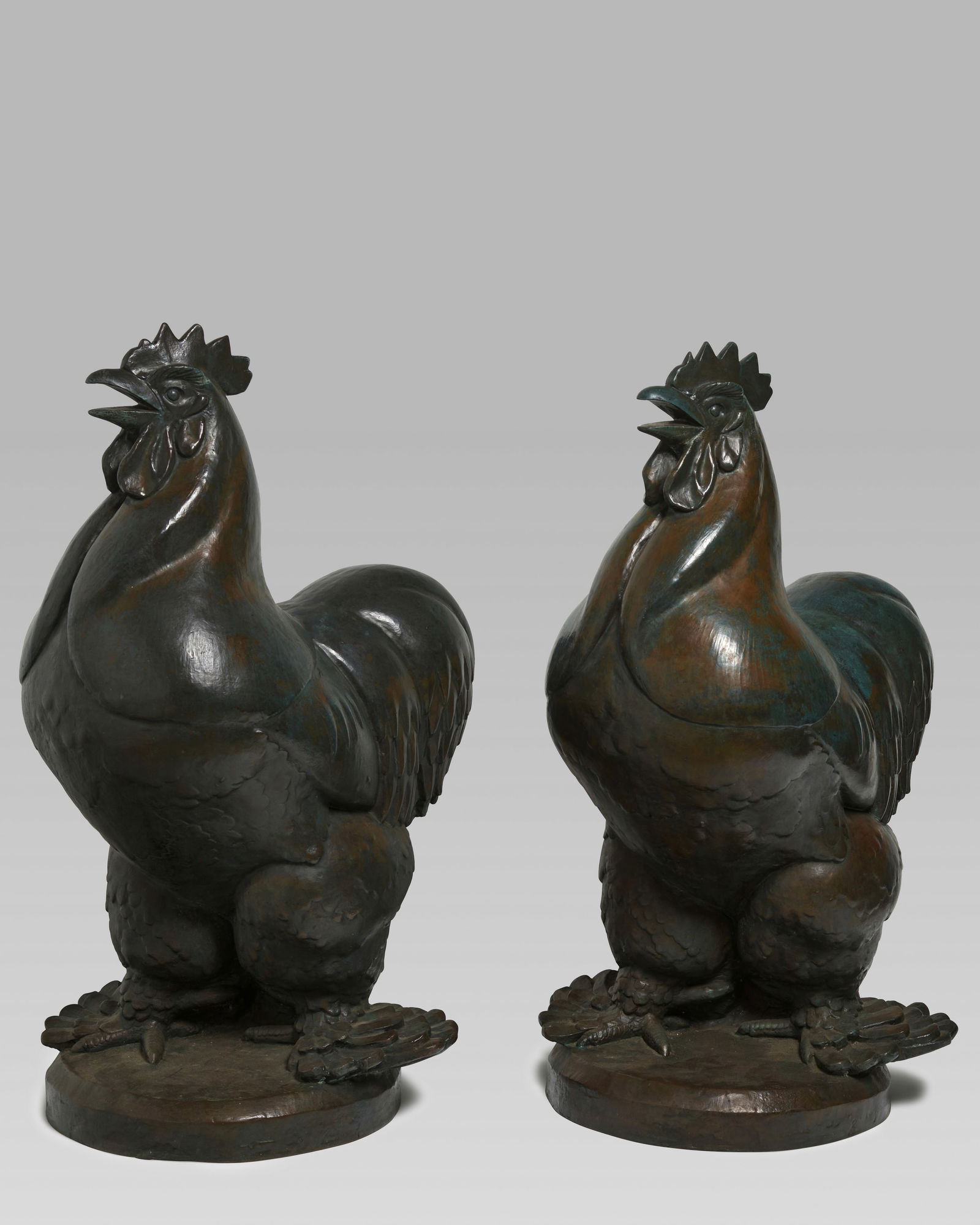 WHEELER WILLIAMS (1897-1972) Pair of Roosters1932patinated bronze, each signed in the maquette '...: WHEELER WILLIAMS (1897-1972) Pair of Roosters 1932 patinated bronze, each signed in the maquette 'Wheeler Williams 1932' height 35 1/2in (90.2cm); width 21 3/4in (55.32cm); depth 20in (50.8cm) This lo