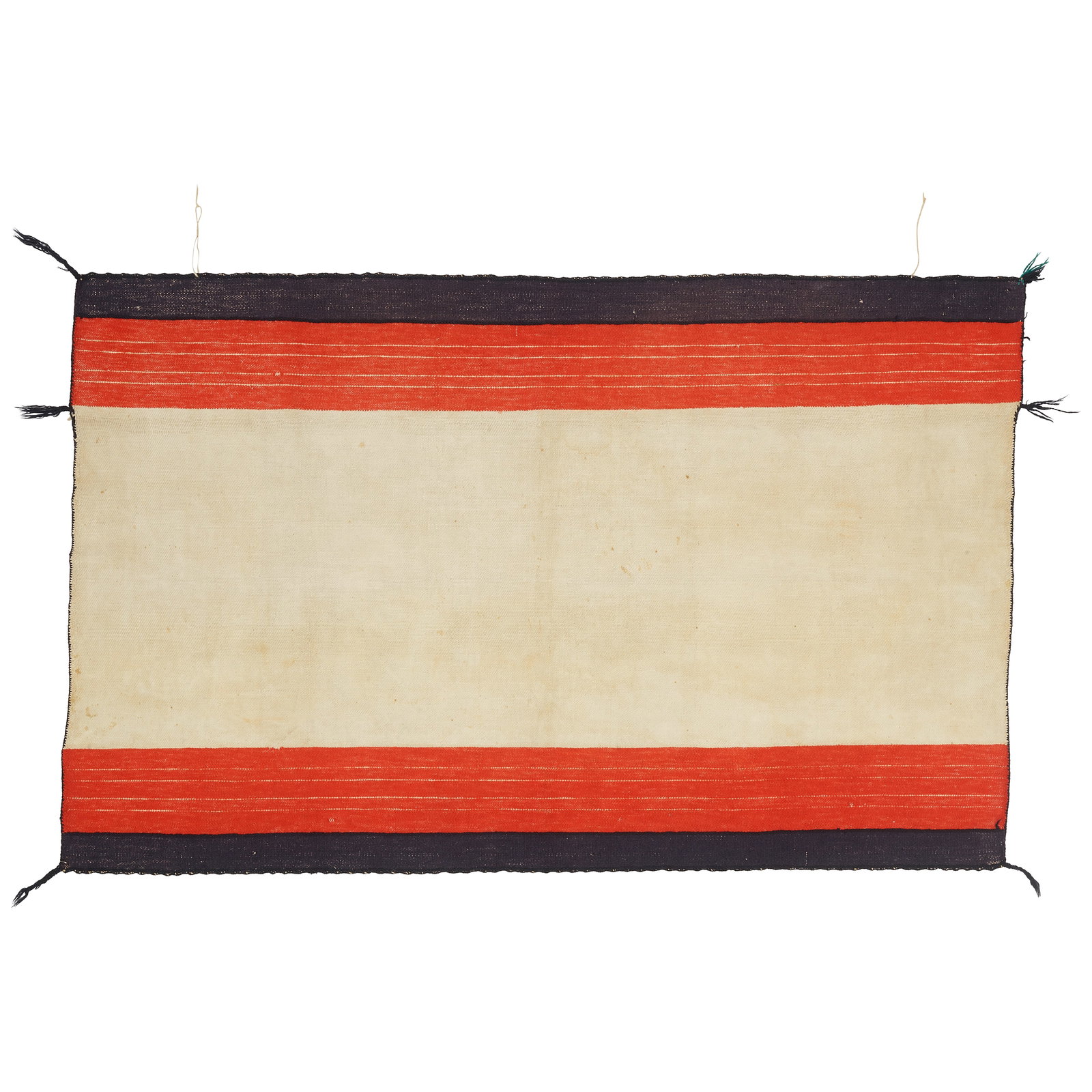 A Hopi twill-woven manta: A Hopi twill-woven manta Of simple design with a natural cotton center flanked by red wool inner bands and indigo-dyed twill-woven outer bands. size approximately 2ft 7in x 4ft 3/4in Footnotes: Proven