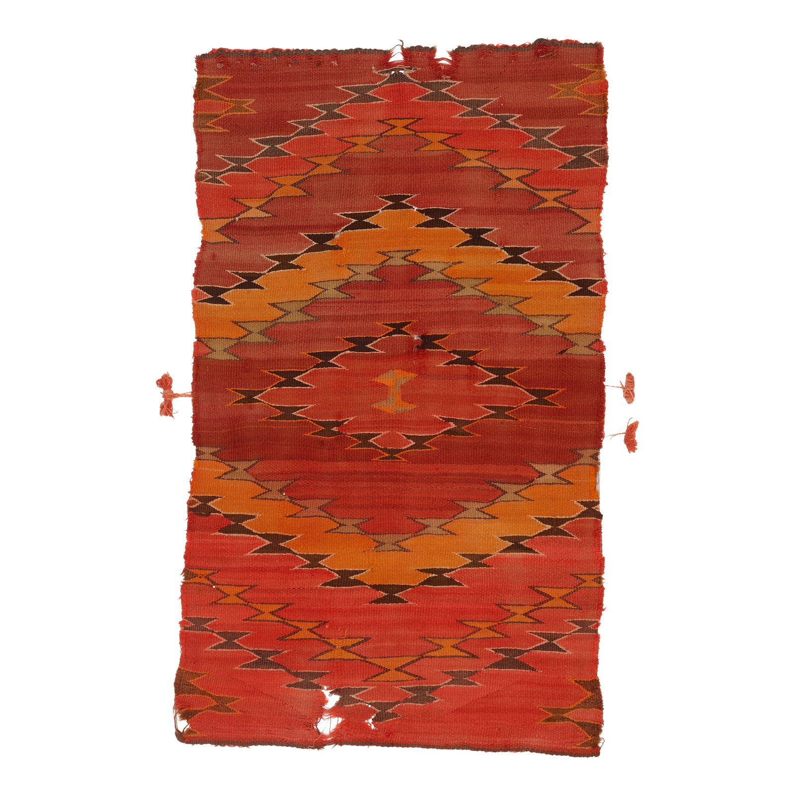 A Diné (Navajo) transitional weaving: A Diné (Navajo) transitional weaving With opposing serrated chevrons and a conforming diamond medallion on a red ground, with wear, unraveling and losses. size approximately 2ft 11in x 5ft Footno