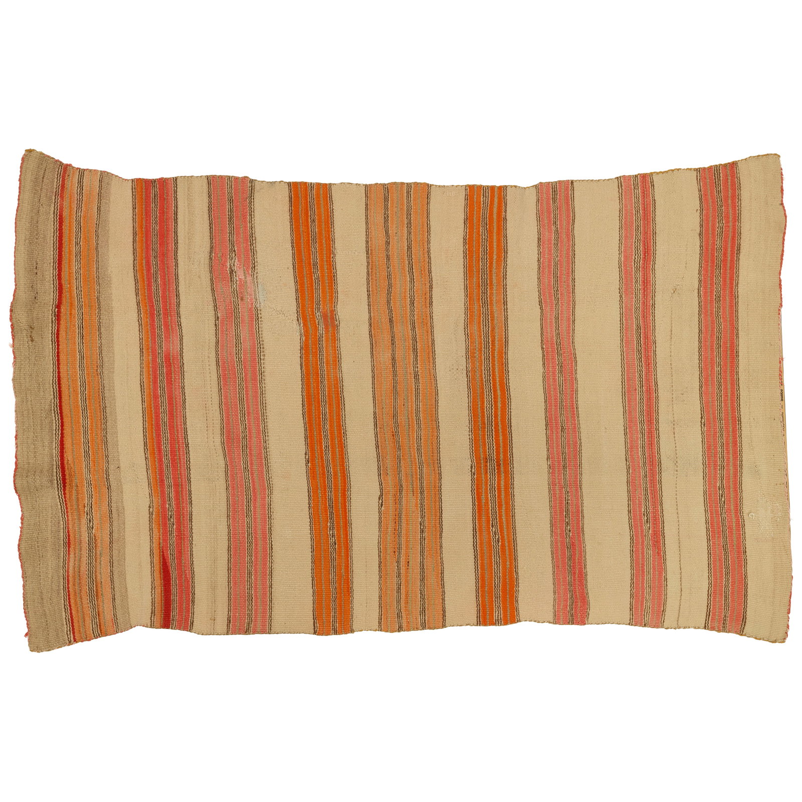 A Diné (Navajo) or Pueblo blanket: A Diné (Navajo) or Pueblo blanket Woven in one piece in a banded design, with wool warps, scattered areas of restoration. size approximately 4ft 4in x 7ft 1/2in Footnotes: Provenance Property fro