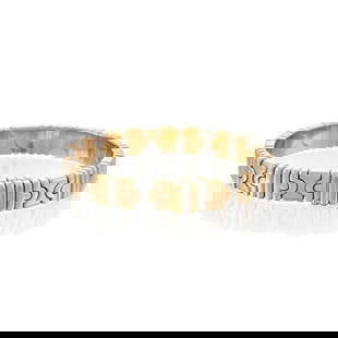 BULGARI: AN 18K GOLD AND STAINLESS STEEL 'PERENTESI' CUFF BRACELET: BULGARI: AN 18K GOLD AND STAINLESS STEEL 'PERENTESI' CUFF BRACELET Composed of interlocking geometric links in gold and stainless steel, gross weight 33.7 dwt, signed Bulgari, interior circumference