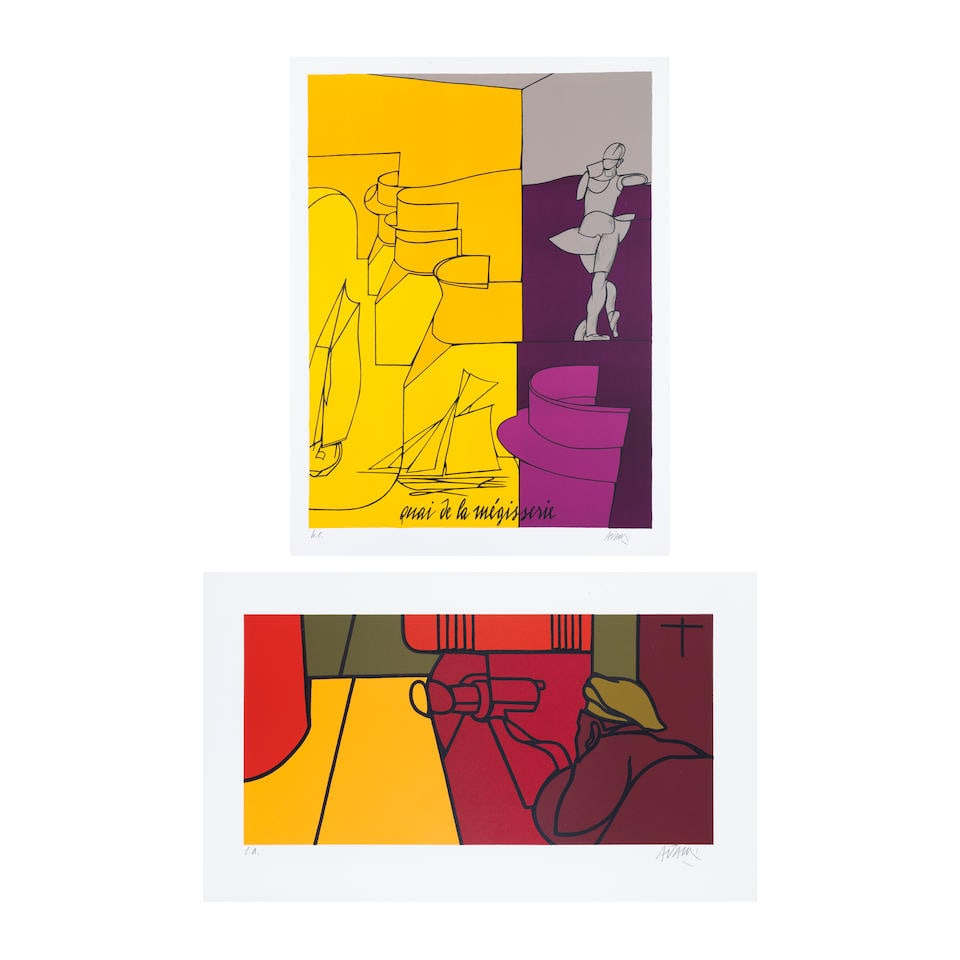 VALERIO ADAMI (NE EN 1935) Sans titre et Etude pour la porte de Brandebourg, 1976 Deux lithograp...: VALERIO ADAMI (NE EN 1935) Sans titre et Etude pour la porte de Brandebourg, 1976 Deux lithographies en couleurs sur Arches Signées et justifiées, l'une 'HC' l'autre 'EA' Etude pour la porte