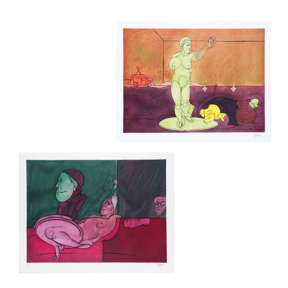 VALERIO ADAMI (NE EN 1935) Le peintre aux lunettes et Pandora's box, 1980-1984 Deux lithographie...: VALERIO ADAMI (NE EN 1935) Le peintre aux lunettes et Pandora's box, 1980-1984 Deux lithographies en couleurs Signées et justifiées 'HC' Le peintre aux lunettes édité en 1984 à