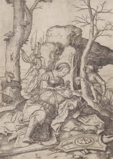 Lucas van Leyden (Dutch, 1494-1533) Samson and Delilah  Engraving, circa 1507, on laid paper, wa...: Lucas van Leyden (Dutch, 1494-1533) Samson and Delilah (Hollstein 25) Engraving, circa 1507, on laid paper, watermark Gothic P, a good slightly later impression (New Hollstein c), unevenly trimmed to
