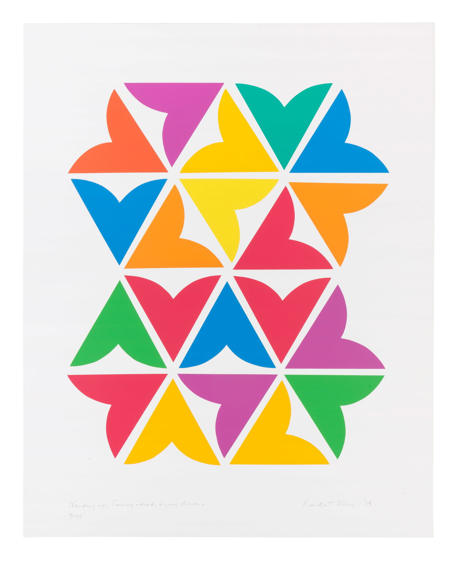 Bridget Riley (British, born 1931) Standing Up, Turning Round, Lying Down Spreenprint in colours...: Bridget Riley (British, born 1931) Standing Up, Turning Round, Lying Down (Tommasini & Gubay 88; not in Schubert) Spreenprint in colours, 2015, on Fabriano Artistico wove paper, signed, titled, dated