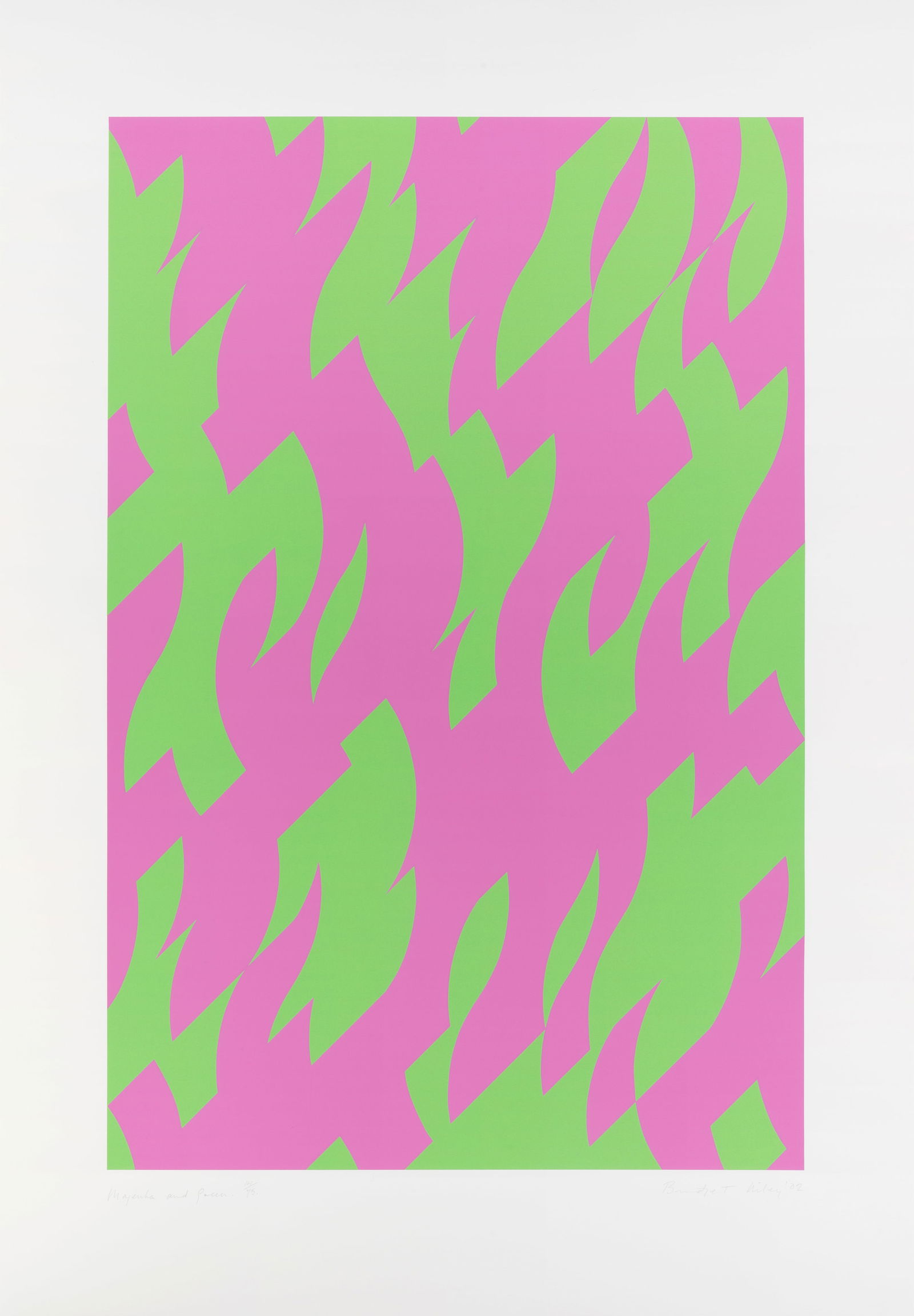 Bridget Riley (British, born 1931) Magenta and Green Spreenprint in colours, 2002, on wove paper...: Bridget Riley (British, born 1931) Magenta and Green (Tommasini & Gubay 49; Schubert 49) Spreenprint in colours, 2002, on wove paper, signed, titled, dated and numbered 14/75 (there were also ten arti