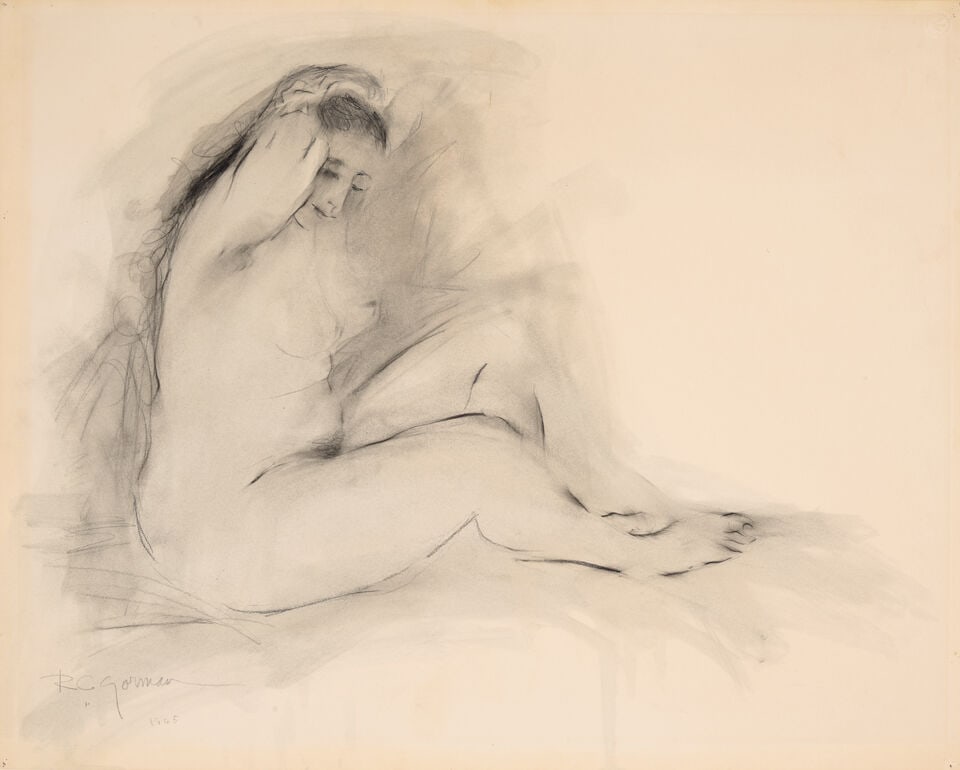 An R.C. Gorman drawing, 1965: R.C. Gorman Diné (Navajo), (1931-2005), Untitled (seated nude), charcoal and wash on paper, signed and dated lower left, unframed. paper: height 23 1/4in, width 29in For further information on th