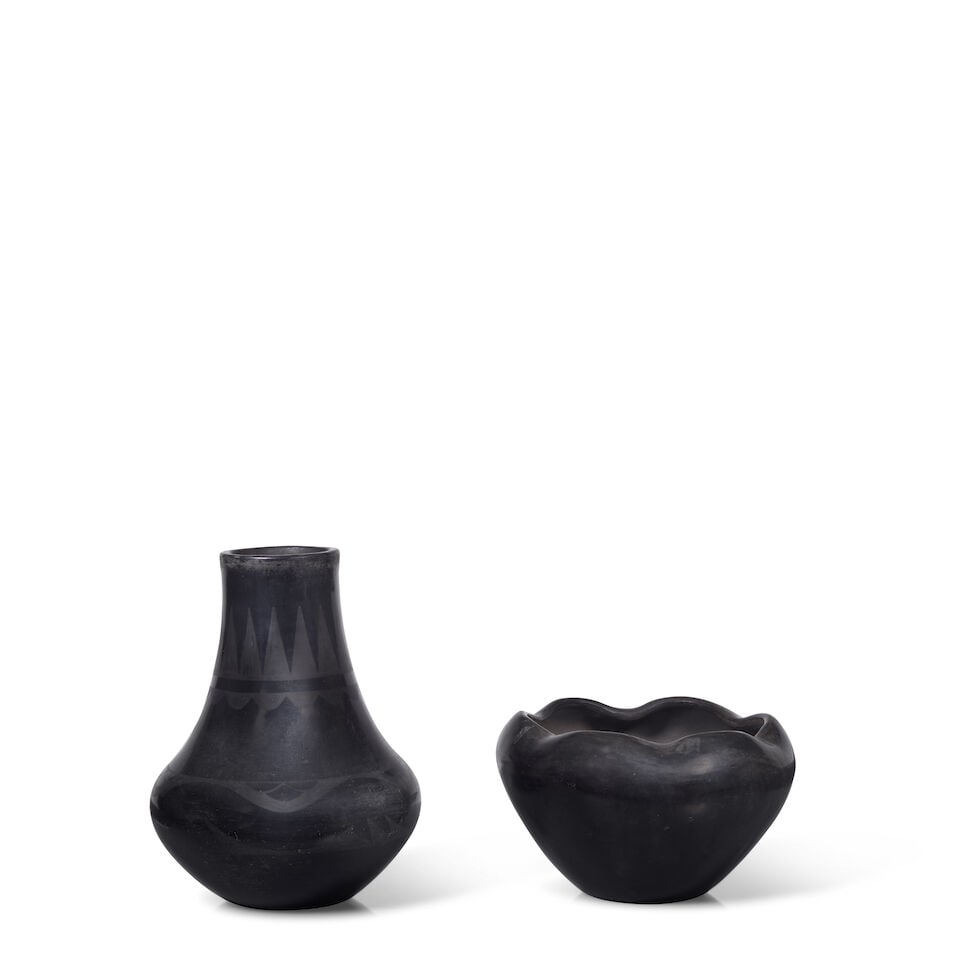 Two Martinez family blackware pottery objects: Two Martinez family blackware pottery objects Including a Maria Martinez (San Ildefonso Pueblo, 1887-1980) Avanyu-motif vase, signed: Marie; and a Santana Martinez (San Ildefonso Pueblo, 1909-2002) ru