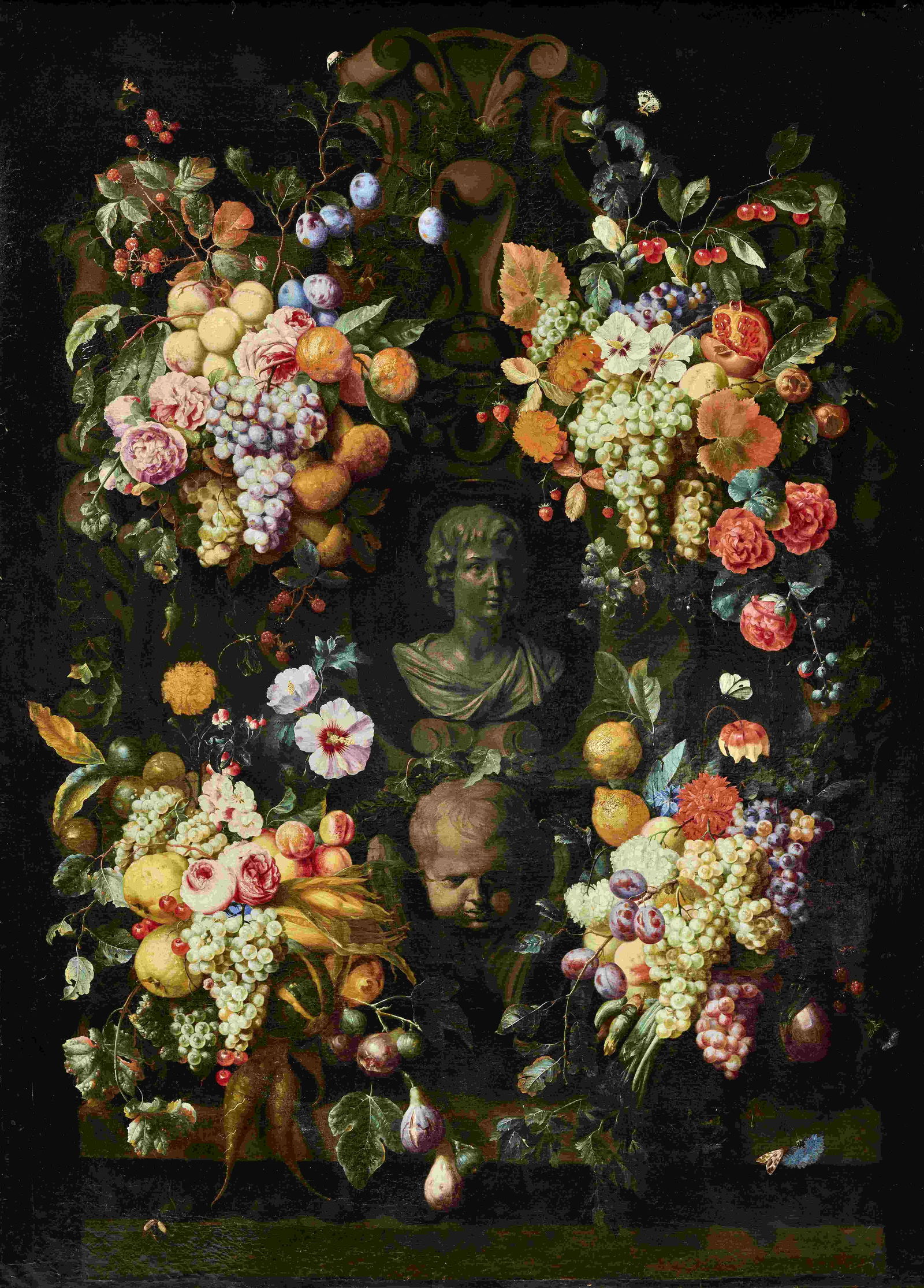 Circle of Joris van Son (Antwerp 1623-1667) A garland of grapes, cherries, plums, figs, lemons, ...: Circle of Joris van Son (Antwerp 1623-1667) A garland of grapes, cherries, plums, figs, lemons, roses, carnations and other fruit and flowers surrounding a stone niche with the bust of young boy and t
