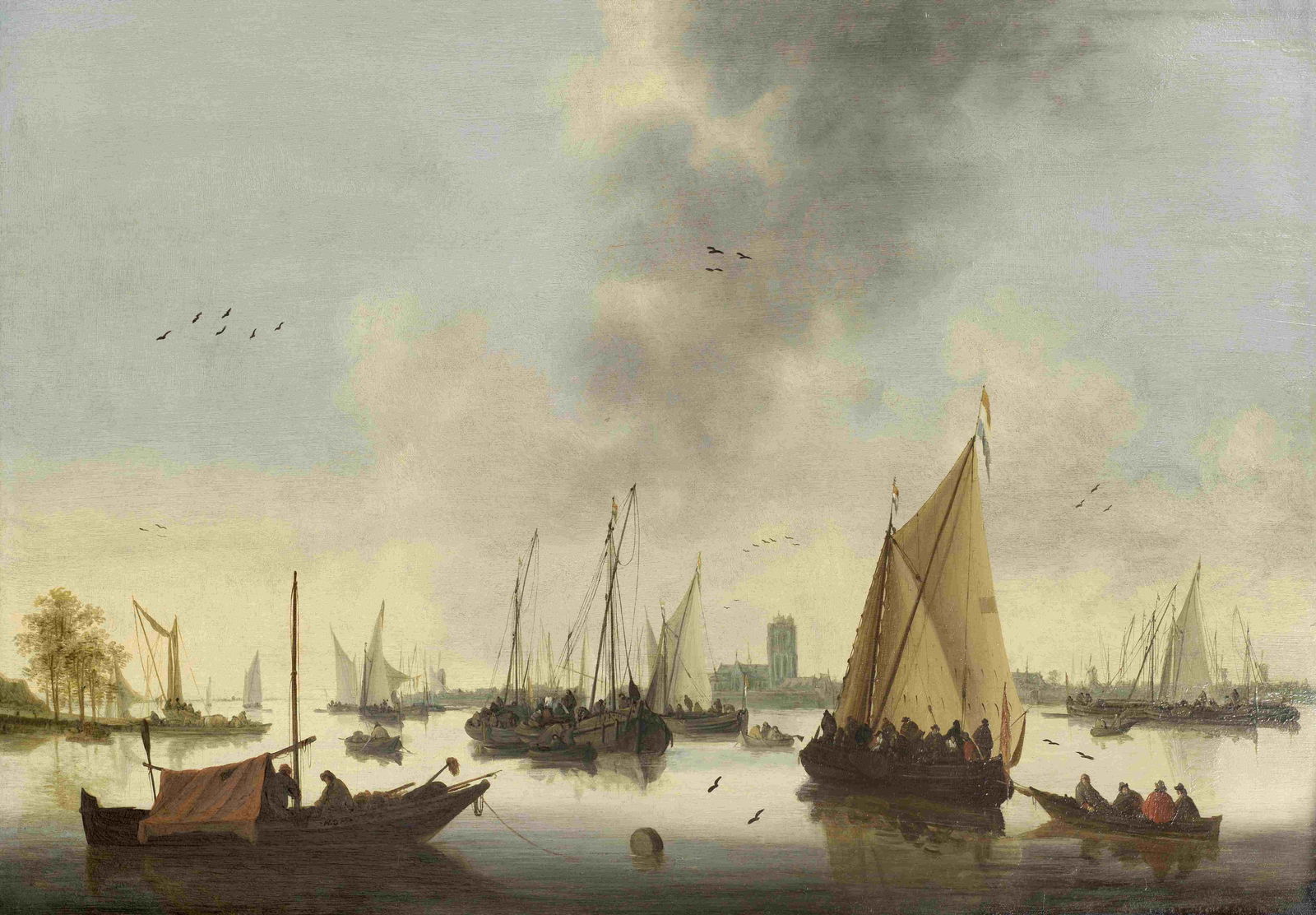 Hendrik de Meijer (Rotterdam circa 1620- after 1689) Ferry boats on the Maas off Dordrecht: Hendrik de Meijer (Rotterdam circa 1620- after 1689) Ferry boats on the Maas off Dordrecht signed with initials and dated 'H. D. M. 1648' (on boat, lower left) oil on panel 58.3 x 83cm (22 15/16 x 32