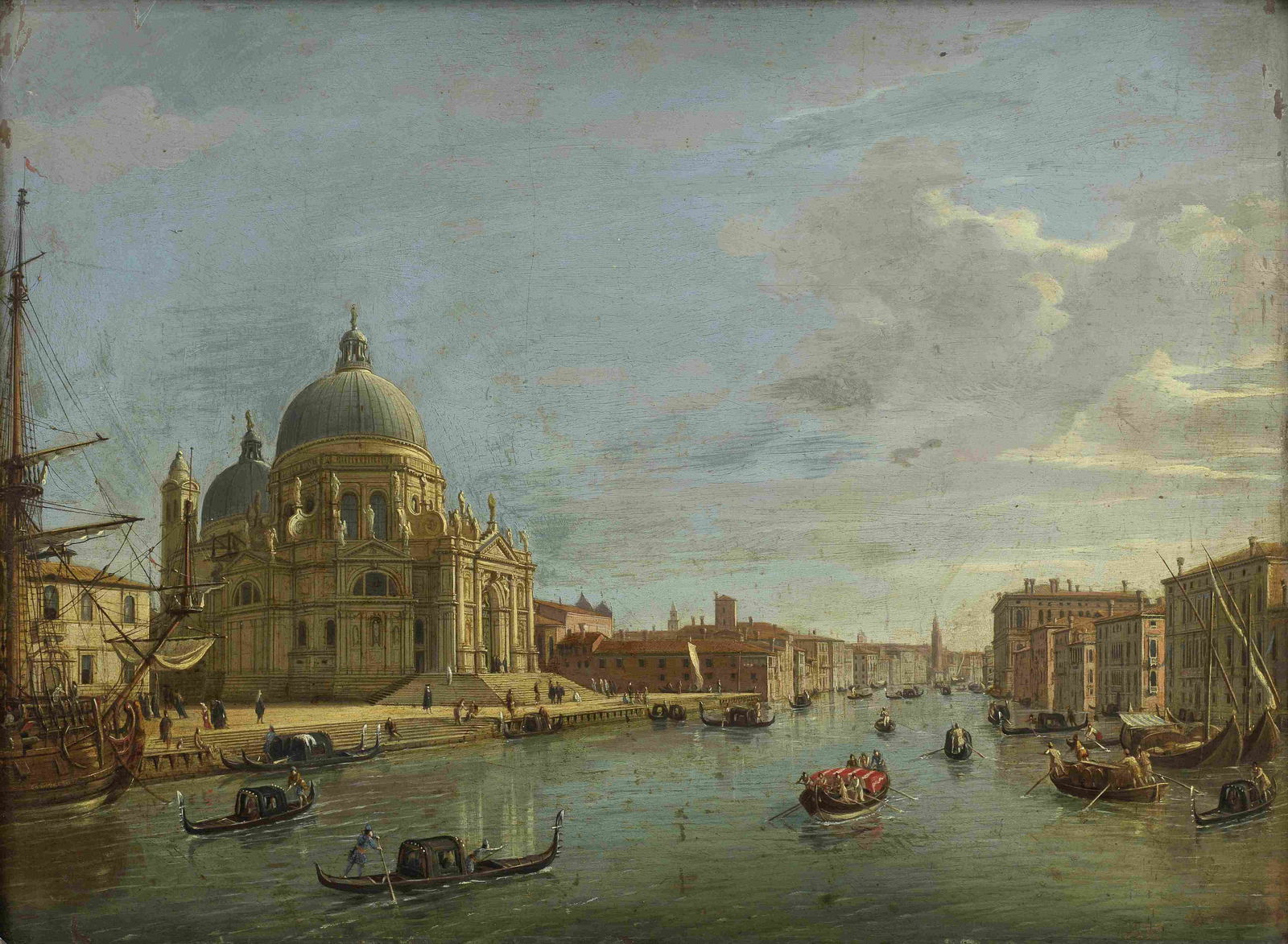 Studio of Gaspar van Wittel, called Vanvitelli (Amersfoort 1653-1736 Rome) Santa Maria della Sal...: Studio of Gaspar van Wittel, called Vanvitelli (Amersfoort 1653-1736 Rome) Santa Maria della Salute and the Grand Canal, Venice bears signature 'CANALETTO' (on the bow of the moored boat, lower left)