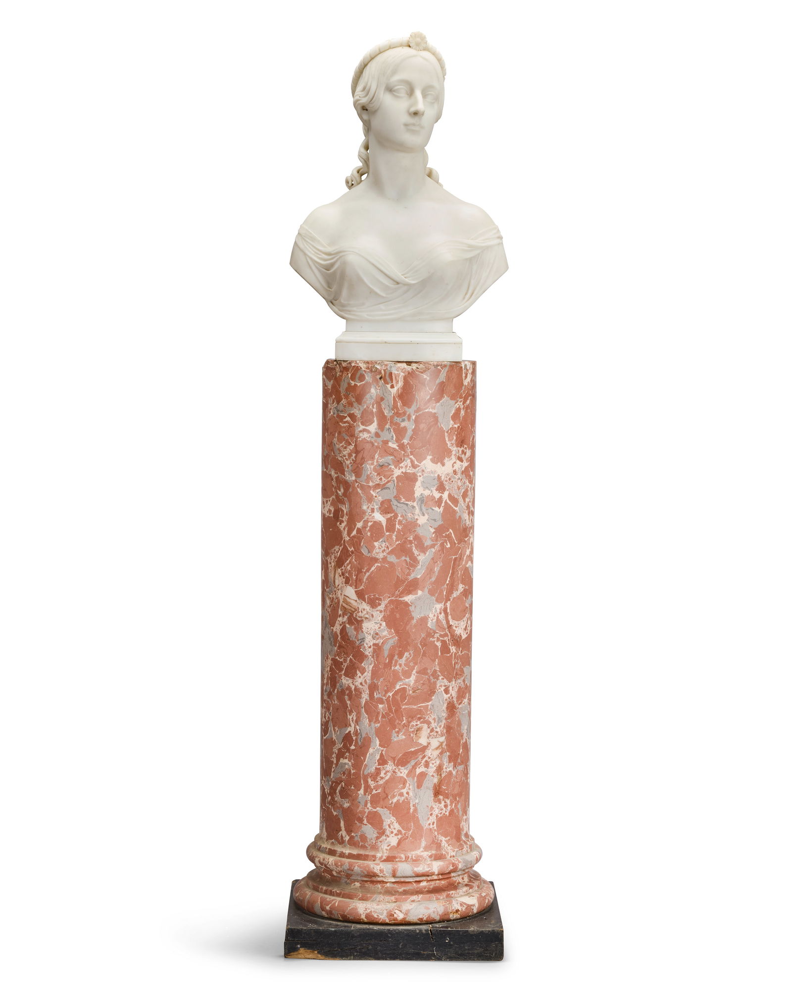 John Gibson (British, 1791 - 1866): A carved white marble bust of Lucy Charlotte Jervis (né...: John Gibson (British, 1791 - 1866): A carved white marble bust of Lucy Charlotte Jervis (née Baskervyle-Glegg), 3rd Viscountess Saint The sitter modelled 'Ala Grec' looking slightly to sinister,