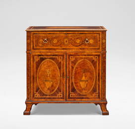 An important George III Indian rosewood, fustic, tulipwood, stained sycamore and marquetry secre...