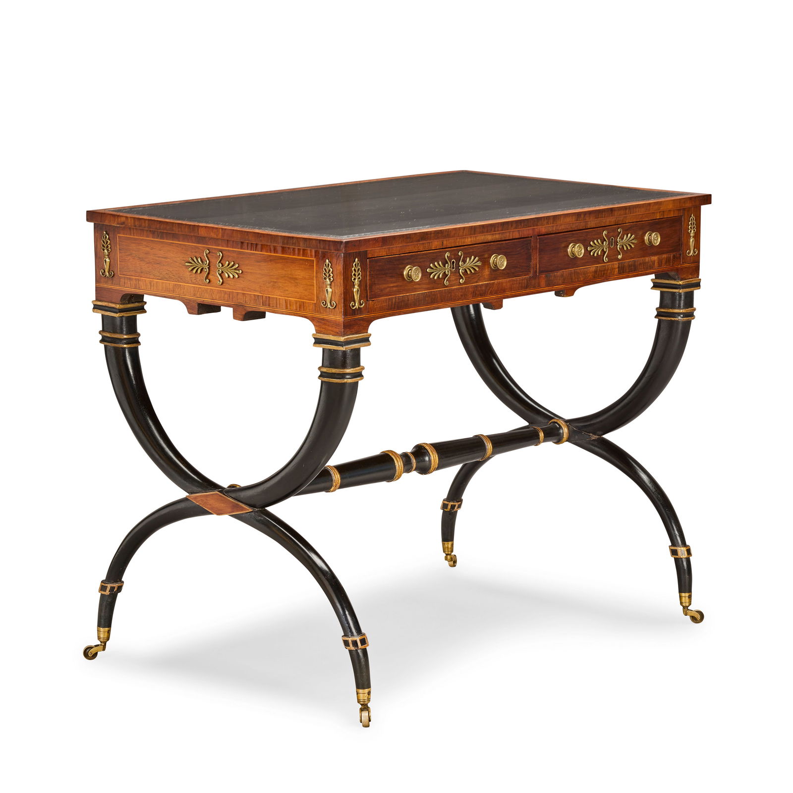 A Regency brass mounted rosewood, ebonised and fruitwood line-inlaid writing table attributed to...: A Regency brass mounted rosewood, ebonised and fruitwood line-inlaid writing table attributed to John McLean (1770-1825) Circa 1805 The rectangular top inset with a Greek key patterned tooled leather
