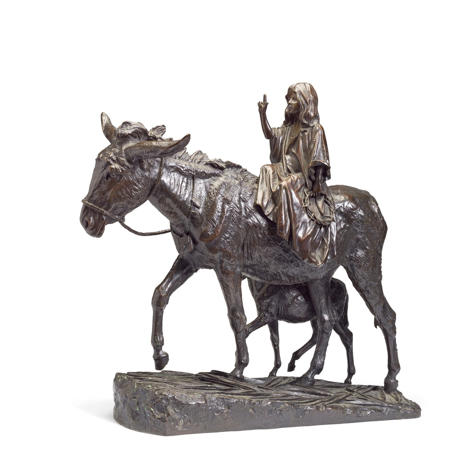 Jean Léon Gérôme (French, 1824-1904): A patinated bronze model of 'Young Christ e...: Jean Léon Gérôme (French, 1824-1904): A patinated bronze model of 'Young Christ entering Jerusalem' The flowing haired youth astride his humble steed, his right hand raised in blessing,
