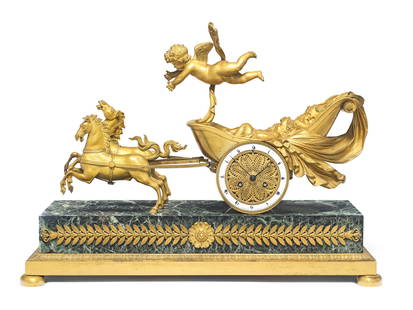A good and rare early 19th century French ormolu and variegated green marble mantel clock Deni&#...: A good and rare early 19th century French ormolu and variegated green marble mantel clock Deni&#232;re & Matelin No. 228C The case in the form of a chariot drawn by two enthusiastic horses, the carria