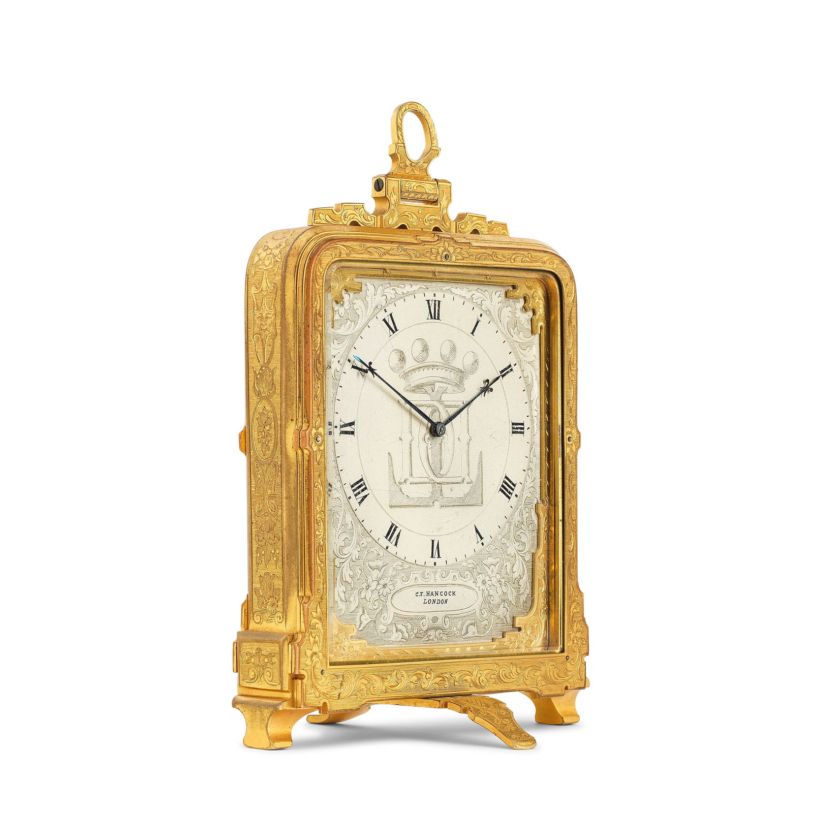 A good mid 19th century engraved gilt and silvered brass eight day strut clock Thomas Cole No. 8...: A good mid 19th century engraved gilt and silvered brass eight day strut clock Thomas Cole No. 858 Retailed by C.F. Handcock 39 Bruton St London The case surmounted by a folding oval handle set on a s