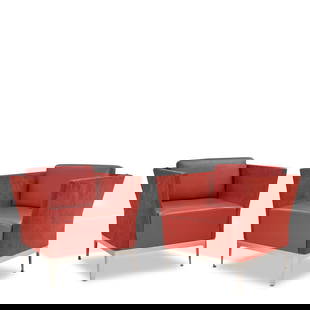 PAIR OF MID-CENTURY MODERN LOUNGE CHAIRS c. 1970, lacquered steel, leather and fabric upholstery...: PAIR OF MID-CENTURY MODERN LOUNGE CHAIRS c. 1970, lacquered steel, leather and fabric upholstery, unmarked, ht. 32, seat ht. 18, wd. 31 3/4, dp. 29 in. Footnotes: OVERALL CONDITION: Scattered scuffs t