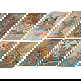 A GROUP OF JAPANESE WOODBLOCK PRINTS 19th/20th century, (21): A GROUP OF JAPANESE WOODBLOCK PRINTS 19th/20th century, Comprising twelve prints by Utagawa Kunisada (1786-1865): two signed Kunisada ga; three signed  Kunisada hitsu; four signed Toyokuni ga; two sig