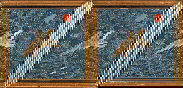 A PAIR OF 'GOLDEN PHEASANT' RANK BADGES  China, 18th/19th century: A PAIR OF 'GOLDEN PHEASANT' RANK BADGES China, 18th/19th century Signifying the second civil rank, framed and glazed. 9 3/4 x 10 1/4in (24.7 x 26cm) sight, 12 1/8 x 12 5/8in (31 x 32.1cm) framed Footn