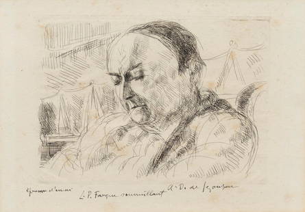ANDRÉ DUNOYER DE SEGONZAC (FRENCH, 1884-1974) PORTRAIT OF LÉON-PAUL FARGUE: ANDR&#201; DUNOYER DE SEGONZAC (FRENCH, 1884-1974) PORTRAIT OF L&#201;ON-PAUL FARGUE etching on paper, signed 'a.D. de/Segonzac' (lower right), titled 'L.P. Farque sommeillant' (lower center), framed;
