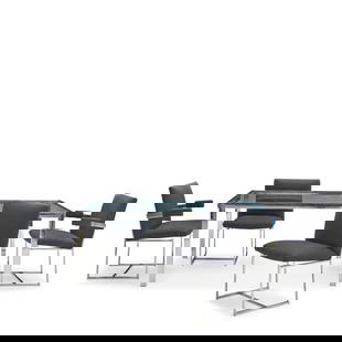MILO BAUGHMAN (1923-2003) FOR THAYER COGGIN DINING TABLE AND FOUR CHAIRS United States, chairs d...: MILO BAUGHMAN (1923-2003) FOR THAYER COGGIN DINING TABLE AND FOUR CHAIRS United States, chairs designed 1975, chromed steel, upholstery, unmarked, two armchairs, ht. 33 1/4, seat ht. 19, wd. 23, dp. 2