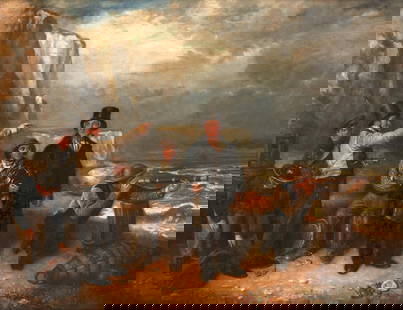 W.R. Waters (British, 1813-1880) Figures Awaiting a Ferry by the Shore (framed 114.5 x 140.0 x 7...: W.R. Waters (British, 1813-1880) Figures Awaiting a Ferry by the Shore signed and dated 'W R Waters 1851' (lower left); inscribed 'WATERS, W / 'Figure by Seashore'...' on a label (affixed to the frame