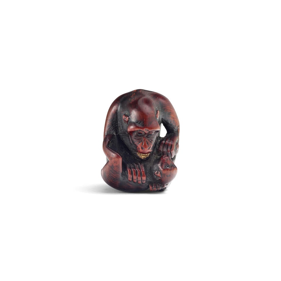 MITSUHIDE (ACTIVE 19TH CENTURY) A Wood Netsuke of a Monkey and Offspring Edo period (1615-1868),... (1 of 2)