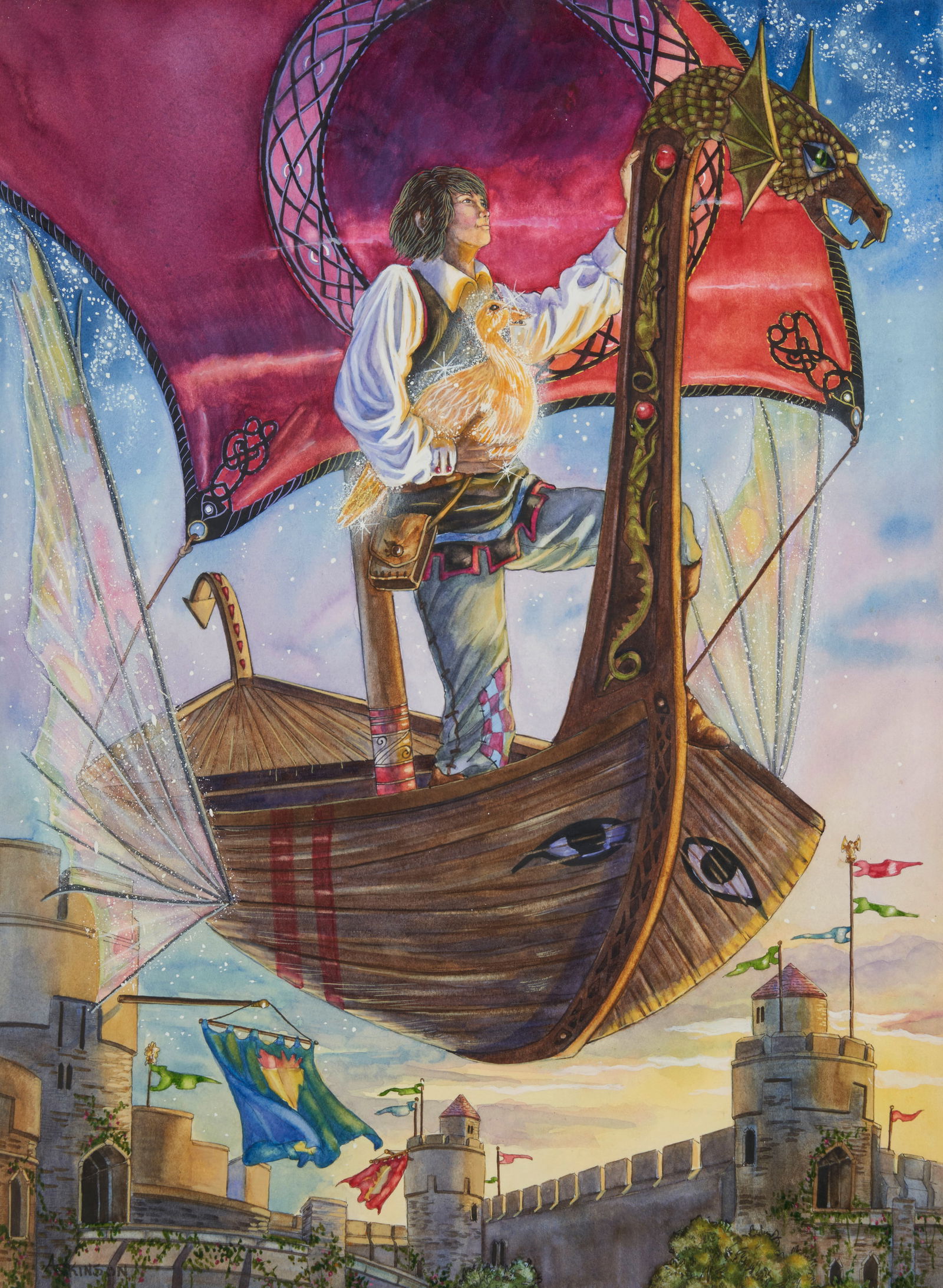 ALLEN ATKINSON (American, 1952-1987) ..the ship that could sail on land and on water,...: ALLEN ATKINSON (American, 1952-1987) ..the ship that could sail on land and on water,... signed 'ATKINSON' (lower left) watercolor on paper 18 7/8 x 14 15/16 in. (48.0 x 38.0 cm) framed 21 3/4 x 16 13