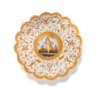 A Dutch maiolica crespina, attributed to the workshop of Willem Jansz. Verstraeten, Haarlem, cir...: A Dutch maiolica crespina, attributed to the workshop of Willem Jansz. Verstraeten, Haarlem, circa 1640-1650Decorated in the style of the Patanazzi workshop, Urbino, with a central medallion with St