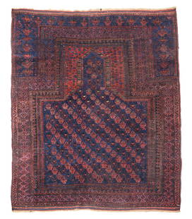 Dokhtar-e-Ghazi Prayer Rug with Silk Highlights 3 ft. 9 in. x 4 ft. 6 in.: Dokhtar-e-Ghazi Prayer Rug with Silk Highlights c. 1880, good overall condition and pile, green silk highlights, an older example of a Dokhtar-e-Ghazi prayer rug with a simultaneously precise and play