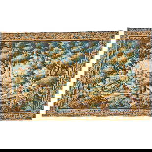 Flemish Tapestry Belgium 8 ft. 11 in. x 13 ft. 2 in.: Flemish Tapestry Belgium circa 1700, with still vivid natural colors and a simultaneously crisp and playful drawing with animals, a forest, and a city in the distance. 8 ft. 11 in. x 13 ft. 2 in. For