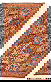 Khotan Rug China 3 ft. 5 in. x 6 ft. 3 in.: Khotan Rug China c. 1800, good pile and condition with vivid natural colors Provenance: from an important American carpet collection. 3 ft. 5 in. x 6 ft. 3 in. For further information on this lot plea