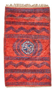 Gansu 'RKO' Fret Dragon Medallion rug China 3 ft. 6 in. x 6 ft. 4 in.: Gansu 'RKO' Fret Dragon Medallion rug China circa first half 19th century, Charles Grant Ellis was the first to call this design group 'RKO' due to its visual similarity to the soundwave pattern logo